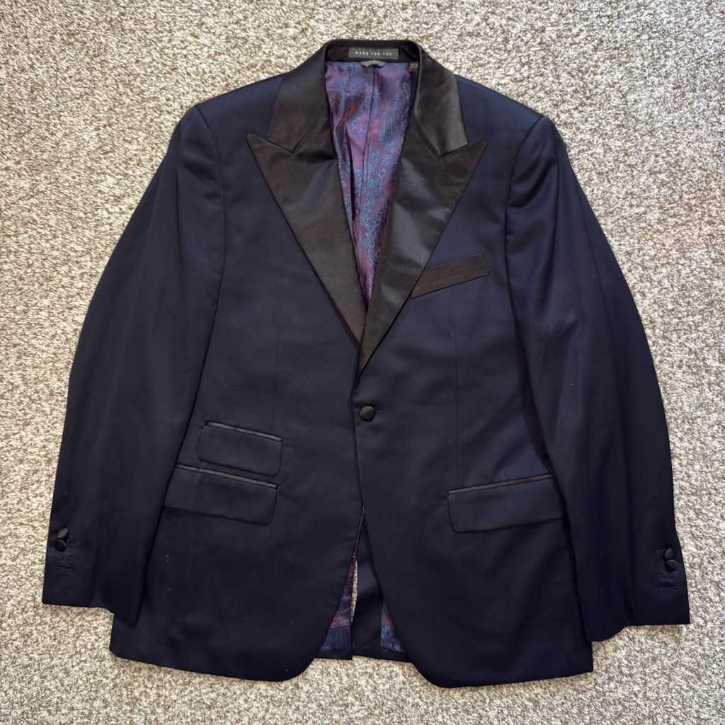 Indochino Navy Blue Tuxedo Jacket Black Satin Peak Lapel Wool Cashmere 42r